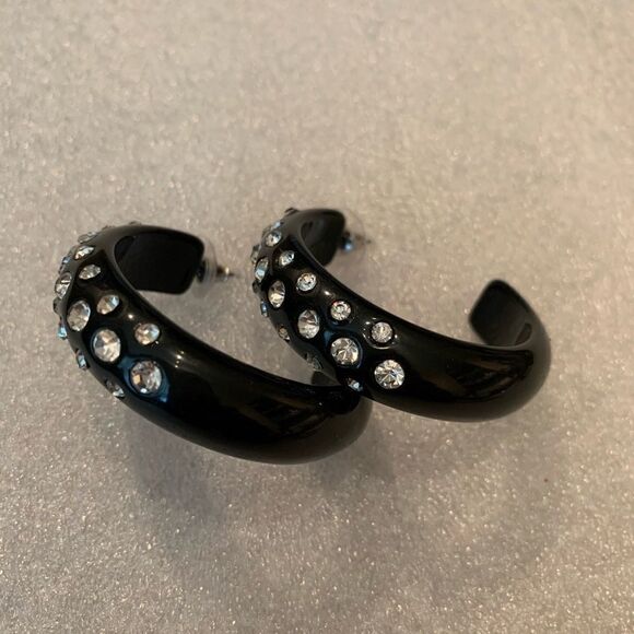 Large Huggie Hoop black Rhinestone Earrings - Picture 2 of 8